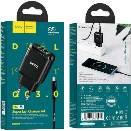 Hoco Φορτιστής με 2 Θύρες USB-A και Καλώδιο micro USB 18W Quick Charge 3.0 Μαύρος (N6 Charmer