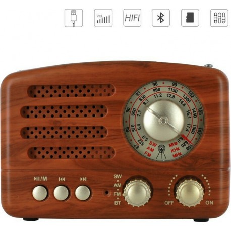 Ραδιόφωνο Επιτραπέζιο Επαναφορτιζόμενο με Bluetooth και USB Καφέ