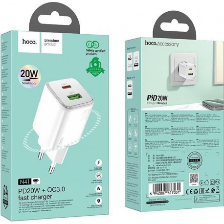 Hoco Φορτιστής Χωρίς Καλώδιο με Θύρα USB-A και Θύρα USB-C 20W Power Delivery / Quick Charge 3.0 Λευκός (N41 Almighty)