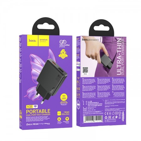 Φορτιστής Ταξιδίου Hoco N38 Χωρίς Καλώδιο με Θύρα USB-A και Θύρα USB-C 20W Power Delivery / Quick Charge 3.0 Μαύρος