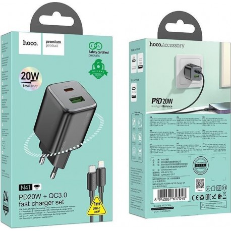 Hoco Φορτιστής Για Iphone με Θύρα και Καλώδιο USB-C - Lightning 20W Power Delivery / Quick Charge 3.0 Μαύρος (N41 Almighty)