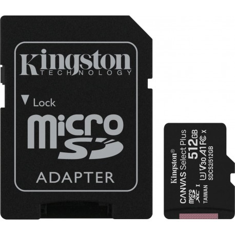Κάρτα Μνήμης Kingston Canvas Select Plus microSDXC 512GB U3 V30 A1 UHS-I 100MB/s με αντάπτορα